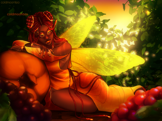 Stunning animated drawing of a black fairy with long red braids, laying down on a bed on pumpkins, fruits and berries