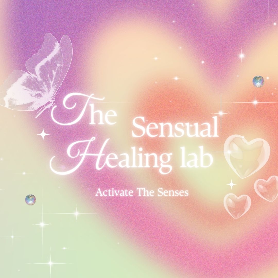 Pink, yellow and lavender y2k style poster of The Sensual Healing lab brand with the slogan activate the senses, very femme, pretty, nostalgia vibes with the graphics