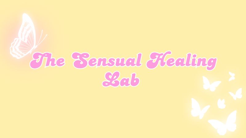 Pink and yellow theme banner with the sensual healing lab brand name in pink with pretty white butterflies around it