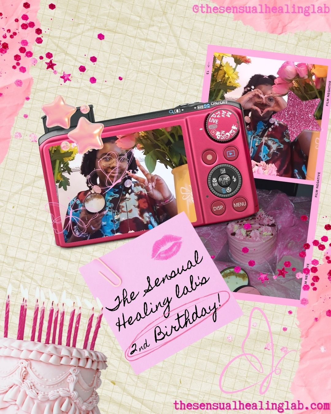 Pink camera with photos and 'The Sensual Healing Lab's 2nd Birthday' card on a textured pink background.