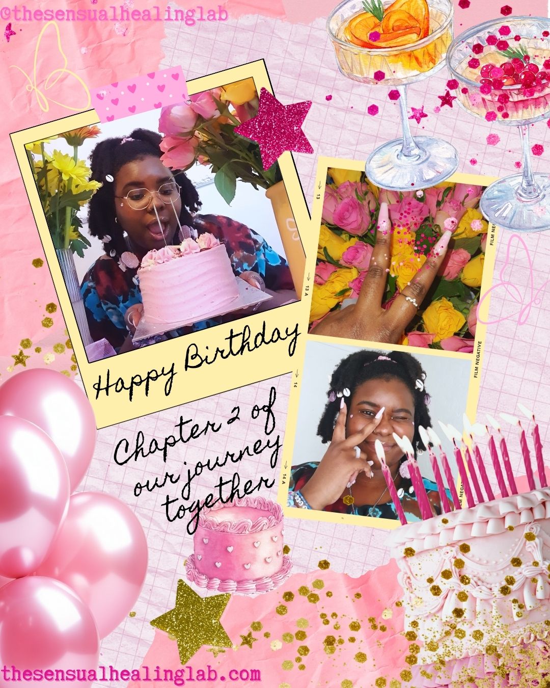 Collage of birthday-themed images with a pink background, including a pretty black femme with a cake, flowers, and balloons.