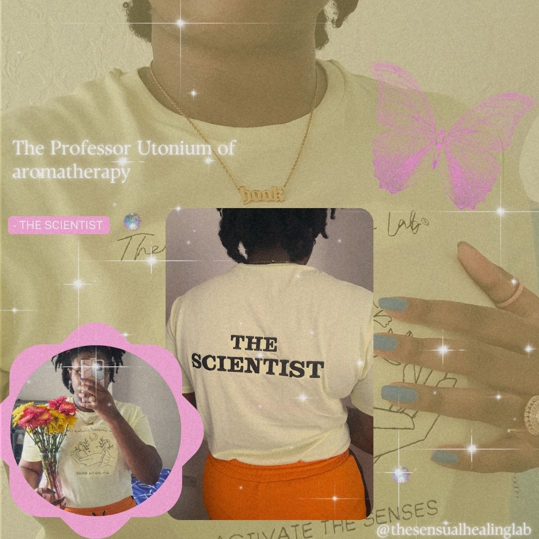 Yellow y2k style edit of the Scientist from the Sensual Healing Lab with caption the Professor utonium of aromatherapy