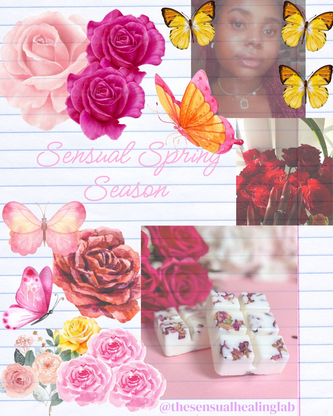 retro style botanical photo collage featuring flowers, butterflies and the sensual healing lab's rose and sandalwood wax melts