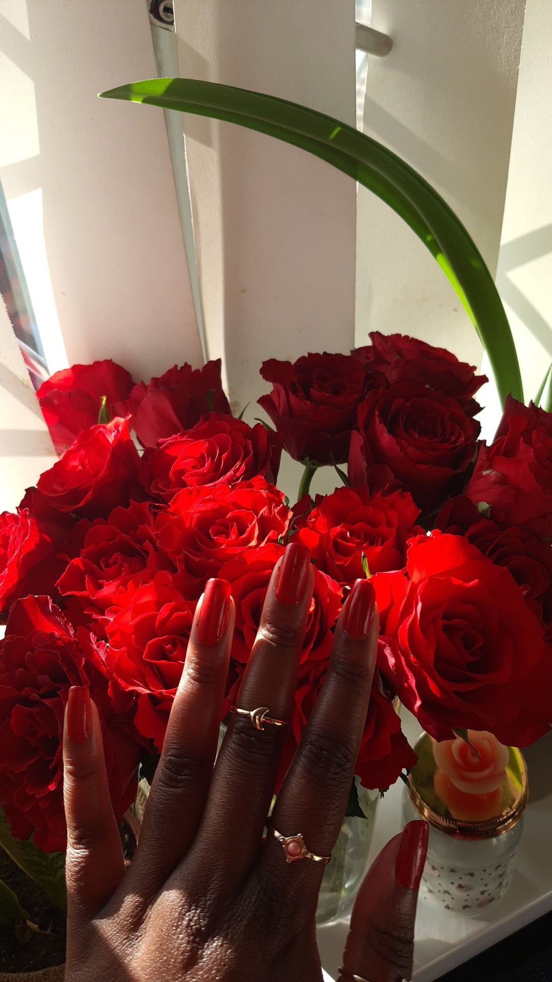 Beautiful red rose bouquet as background with a hand showcasing matching red nails