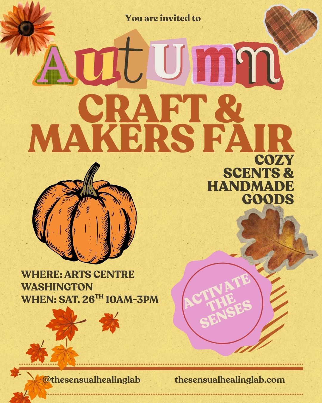 Vintage autumn style collage promoting the autumn craft and makers fair at the arts centre Washington, with pumpkin and autumn leaves in the background
