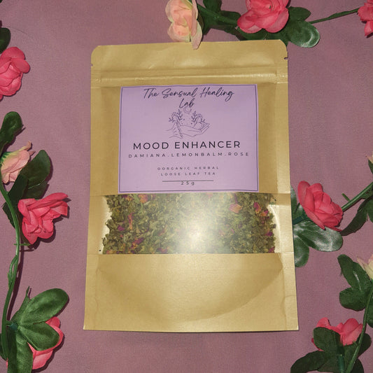 Mood enhancer herbal loose leaf tea blend combining dried damiana, lemon balm, and rose petals. This blend offers a delightful infusion that may uplift and brighten the spirit, providing a refreshing and flavorful way to enhance your mood