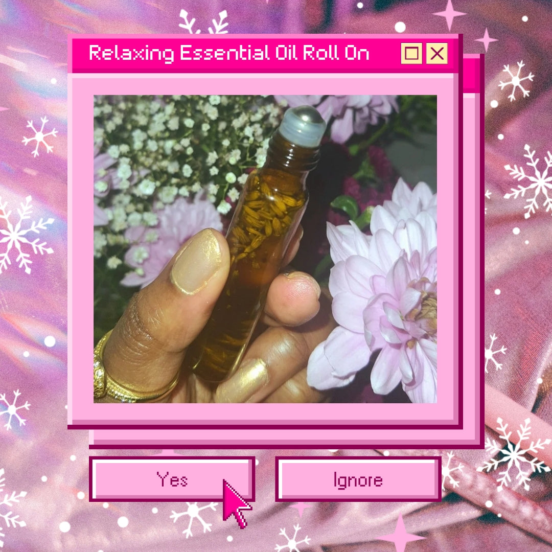 Pink festive y2k style computer pop up of Hand holding brown bottle containing relaxing essential oils. With beautiful pink flowers as background