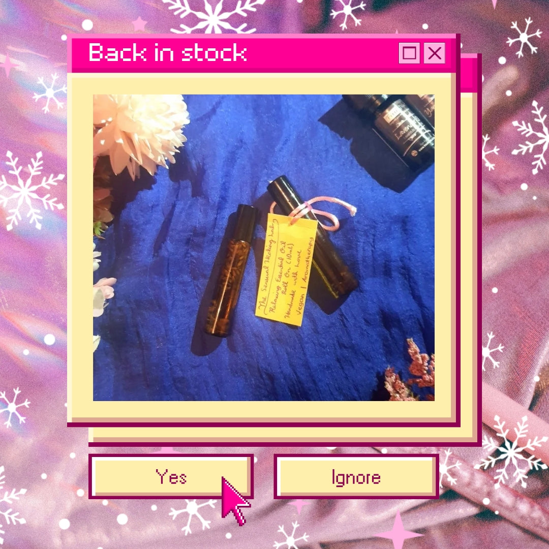 Two small bottles with a yellow label on a blue surface, surrounded by decorative elements and text boxes.