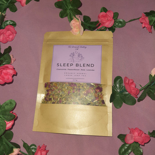 Sleep blend herbal loose leaf tea featuring a harmonious mixture of dried chamomile, passion flower, rose petals, and lavender herbs. This blend offers a soothing and aromatic infusion, perfect for relaxation and promoting a peaceful night's rest.