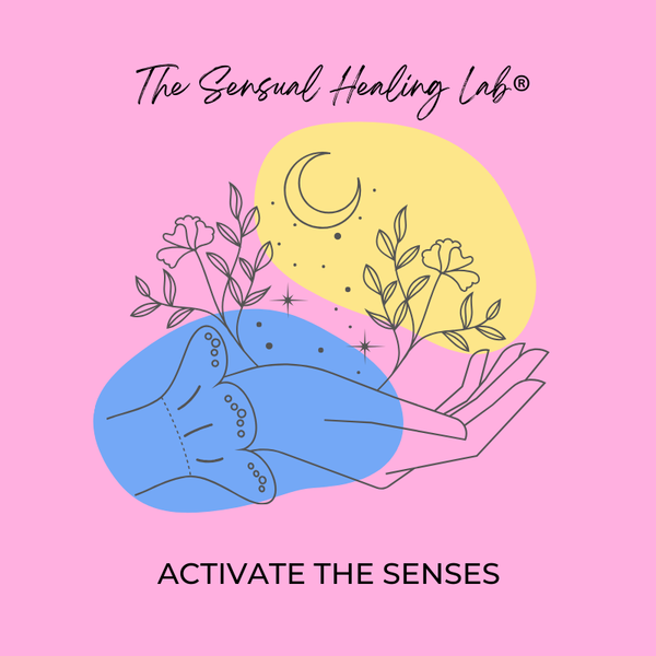 Pink, yellow and blue brand logo from the sensual healing lab with the slogan, activate the senses